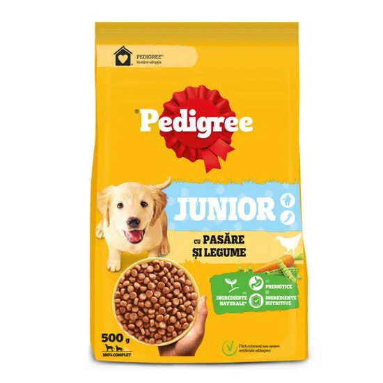 Hrană câini Pedigree Junior, Pui & Legume, 500 g