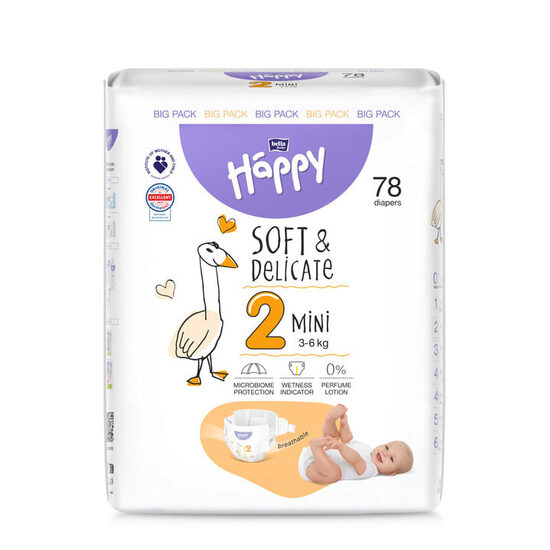 Scutece absorbante pentru bebeluși Bella Happy Mini Nr.2, 3-6 kg, 78 bucăți
