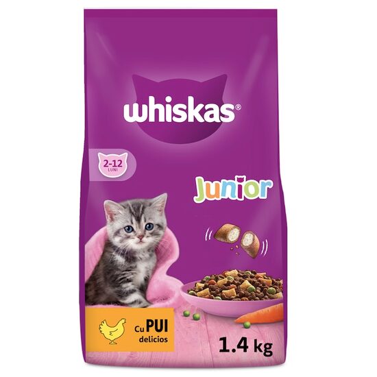 Hrană uscată pisici Whiskas Junior, aromă de Pui, 1.4 kg