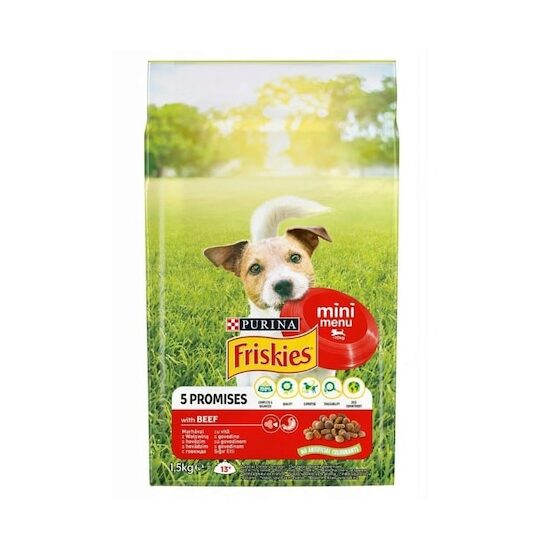 Hrană uscată câini Friskies Mini Menu Dog, vită, 1,5 kg