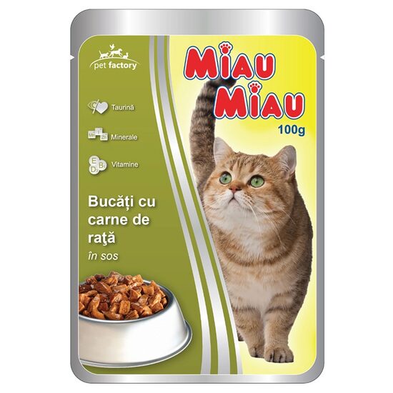 Hrană umedă pisici Miau Miau Rață în sos, 100g