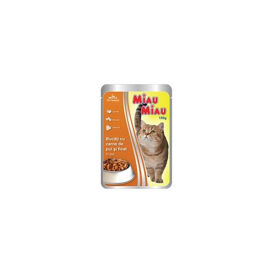 Hrană umedă pisici Miau Miau Pui & Ficat în sos, 100g