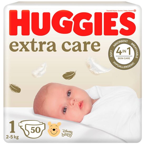 Scutece Huggies Extra Care Jumbo, mărimea 1 (2-5 kg), 50 bucăți