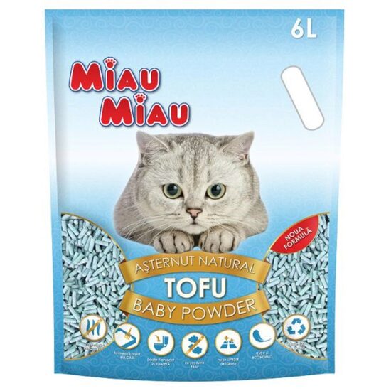 Așternut tofu pentru pisici Miau Miau, Baby Powder, 6 L