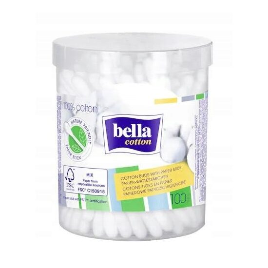 Bețișoare igienice Bella, 100 bucăți, cutie rotundă, bețișoare din hârtie